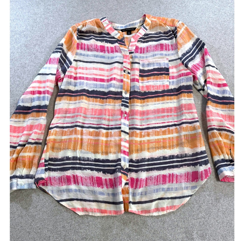 Zac & Rachel Blouse Womens XL Multi Color Striped Long Sleeve Button Up Top Boho